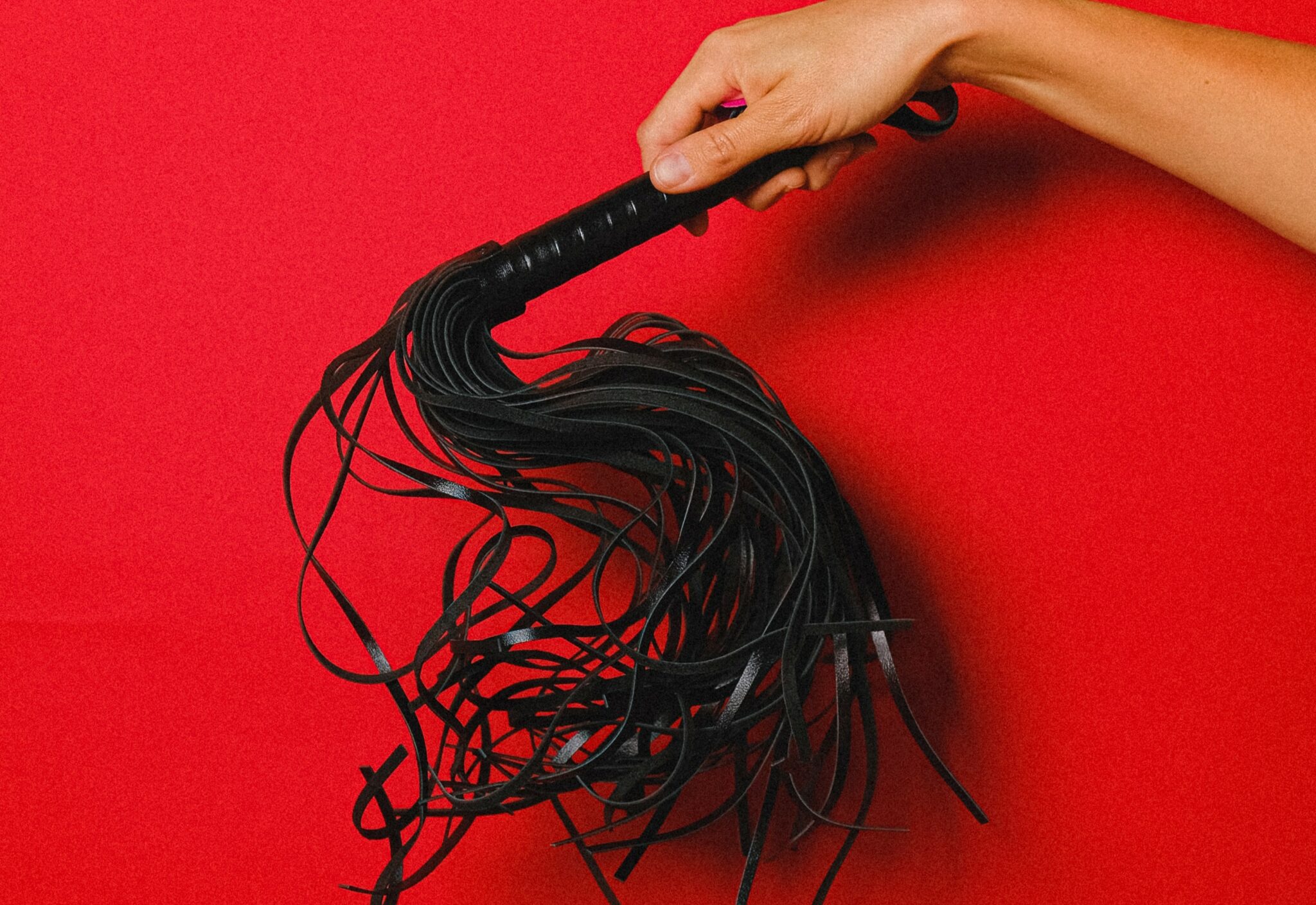 A black bdsm whip against a red background.