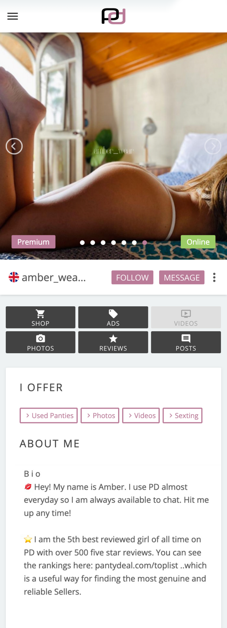 Amber_Wear's profile on Pantydeal, showing that she offers used panties, photos, videos, and sexting and that she if the 5th highest rated seller.