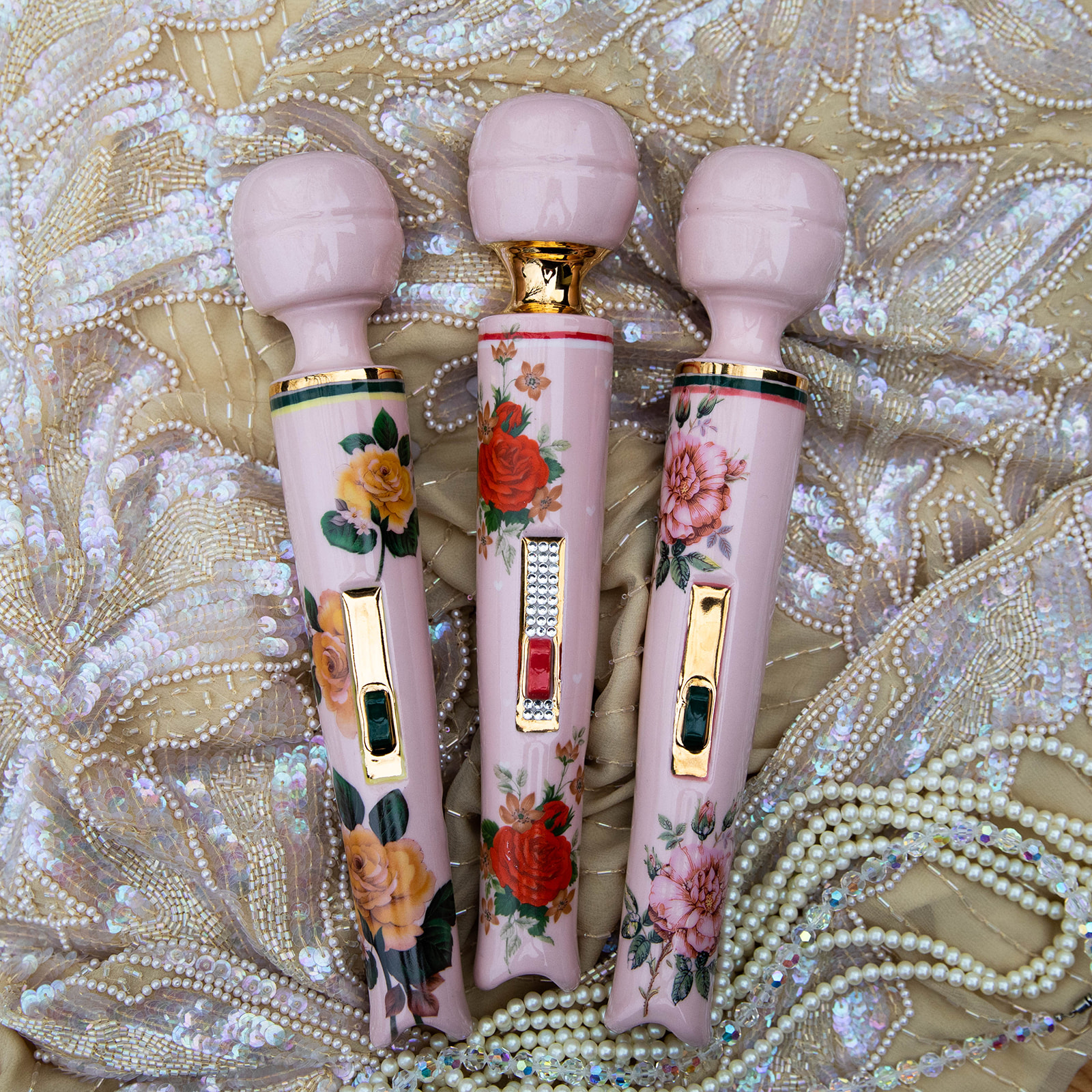 Three Magic Wand inhaler pipes in pink with beautiful rose designs.