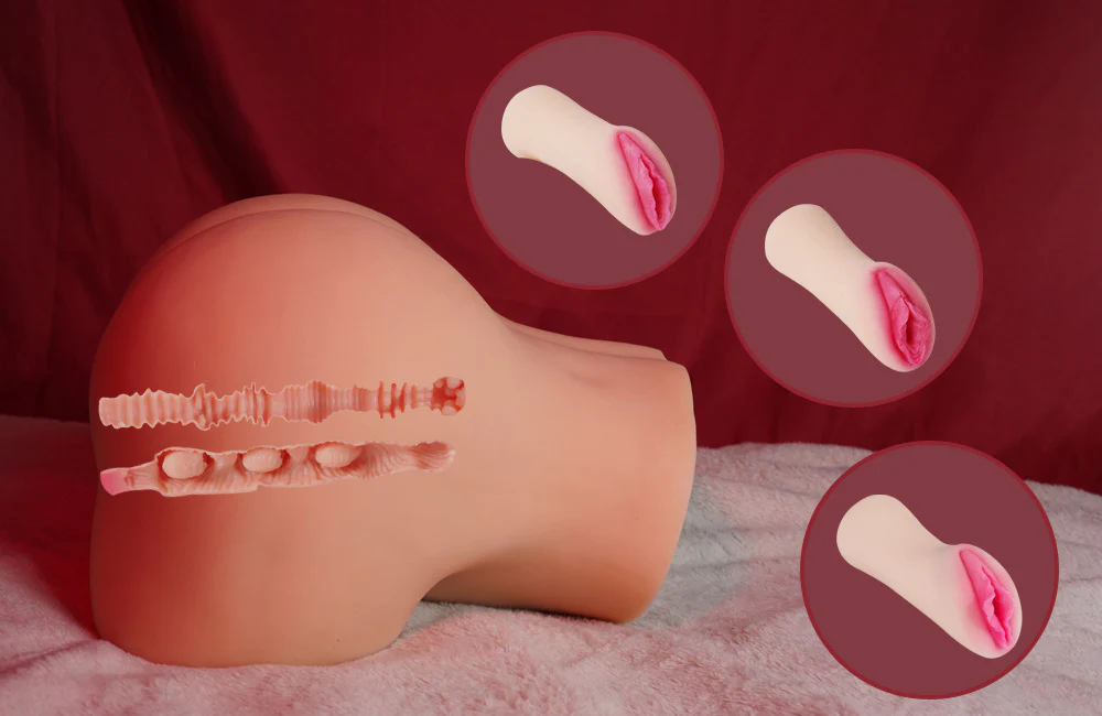 A graphic showing the various vagina inserts for the Tantaly Mia sex doll torso.