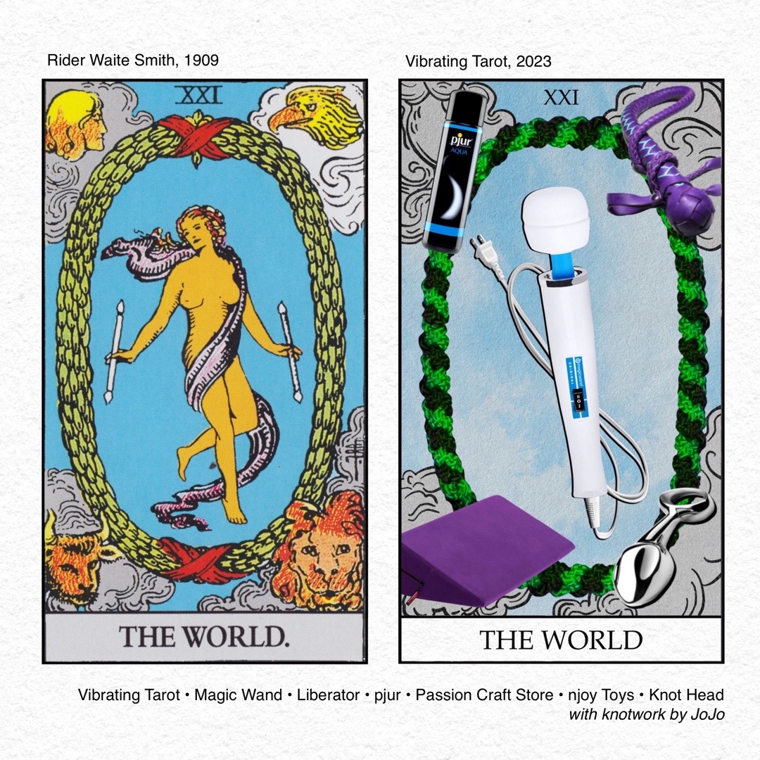 A side by side of the traditional World tarot card next to the Magic Wand version from Vibrating Tarot.