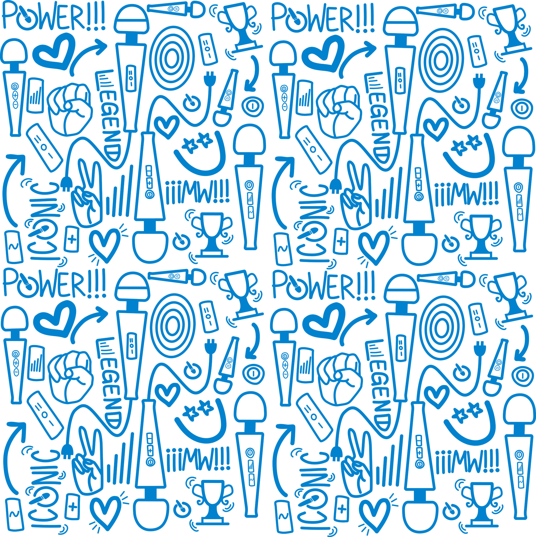 Magic Wand print by Julie Mollo featuring soft blue doodles of the Magic Wand vibrator, smileys, and trophies.
