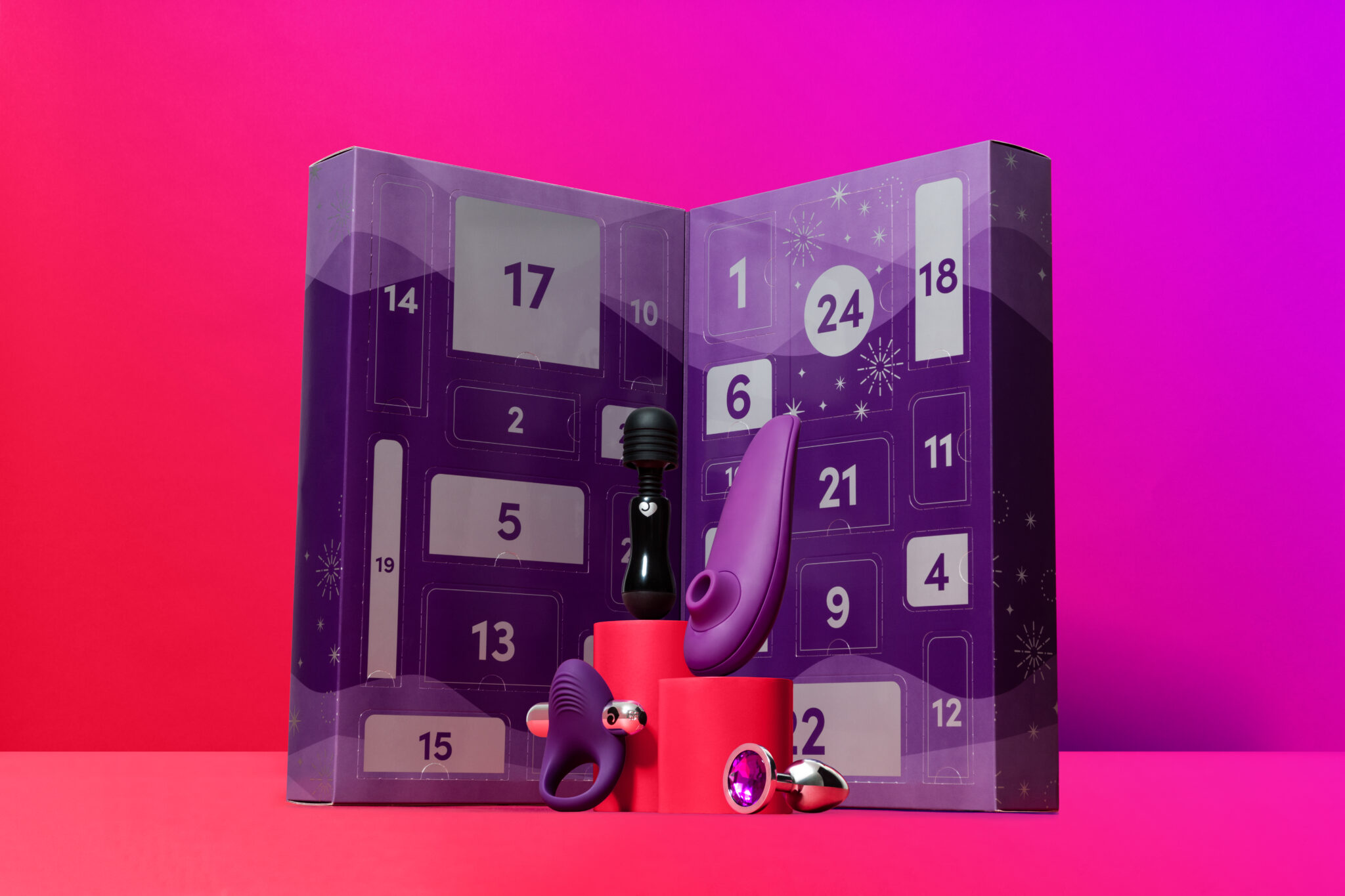 An image of the bullet vibrator, jeweled butt plug, and cock ring included in the advent calendar.
