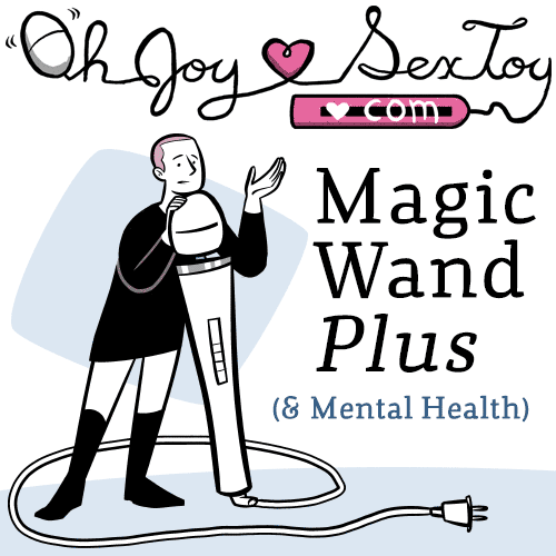 A comic from oh Joy Sex Toy featuring the Magic Wand Plus and cartoon person leaning against it.