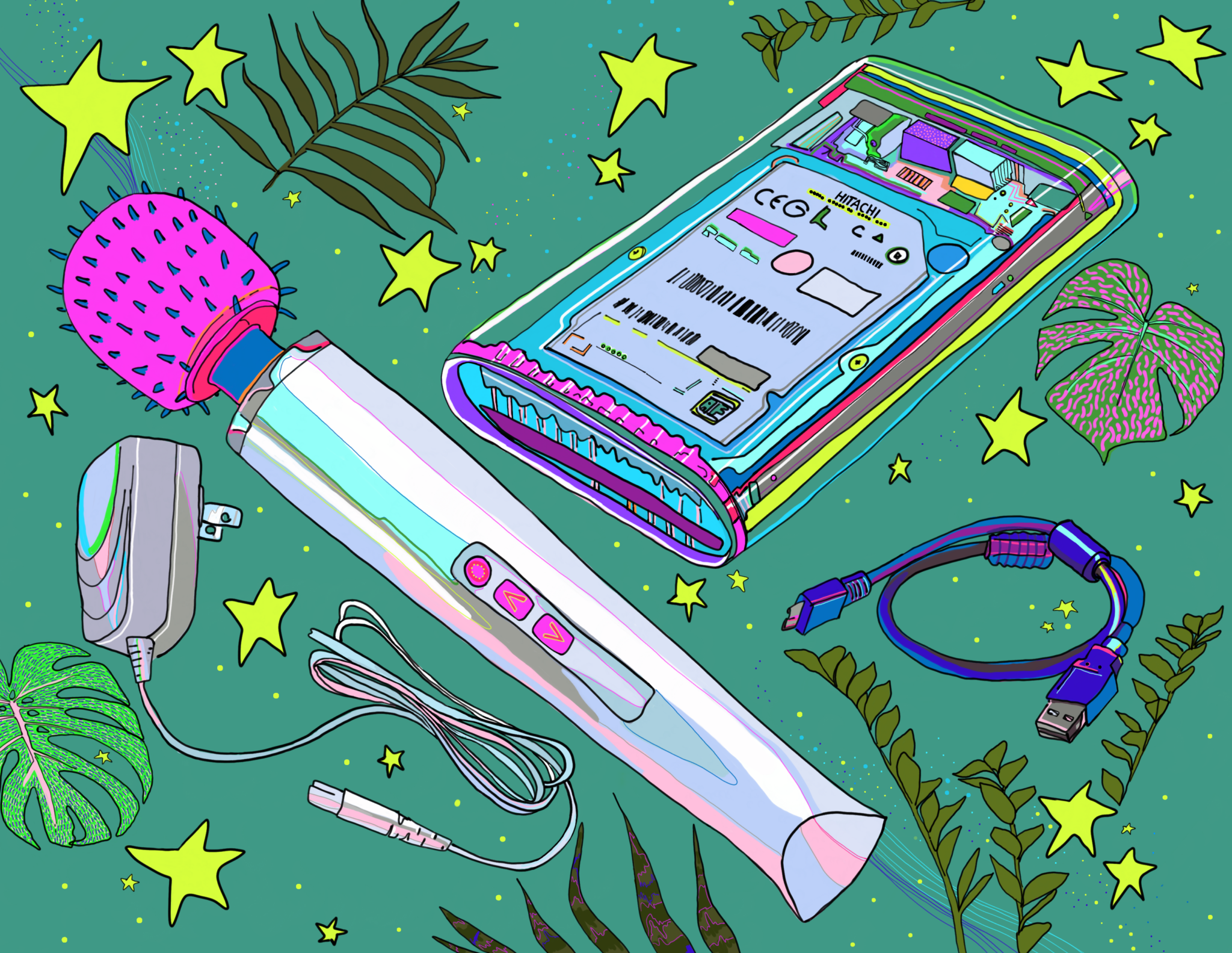 Megan Wirick's art piece of a Magic Wand vibrator and a Gameboy amongst leaves and cords on a dark green background.
