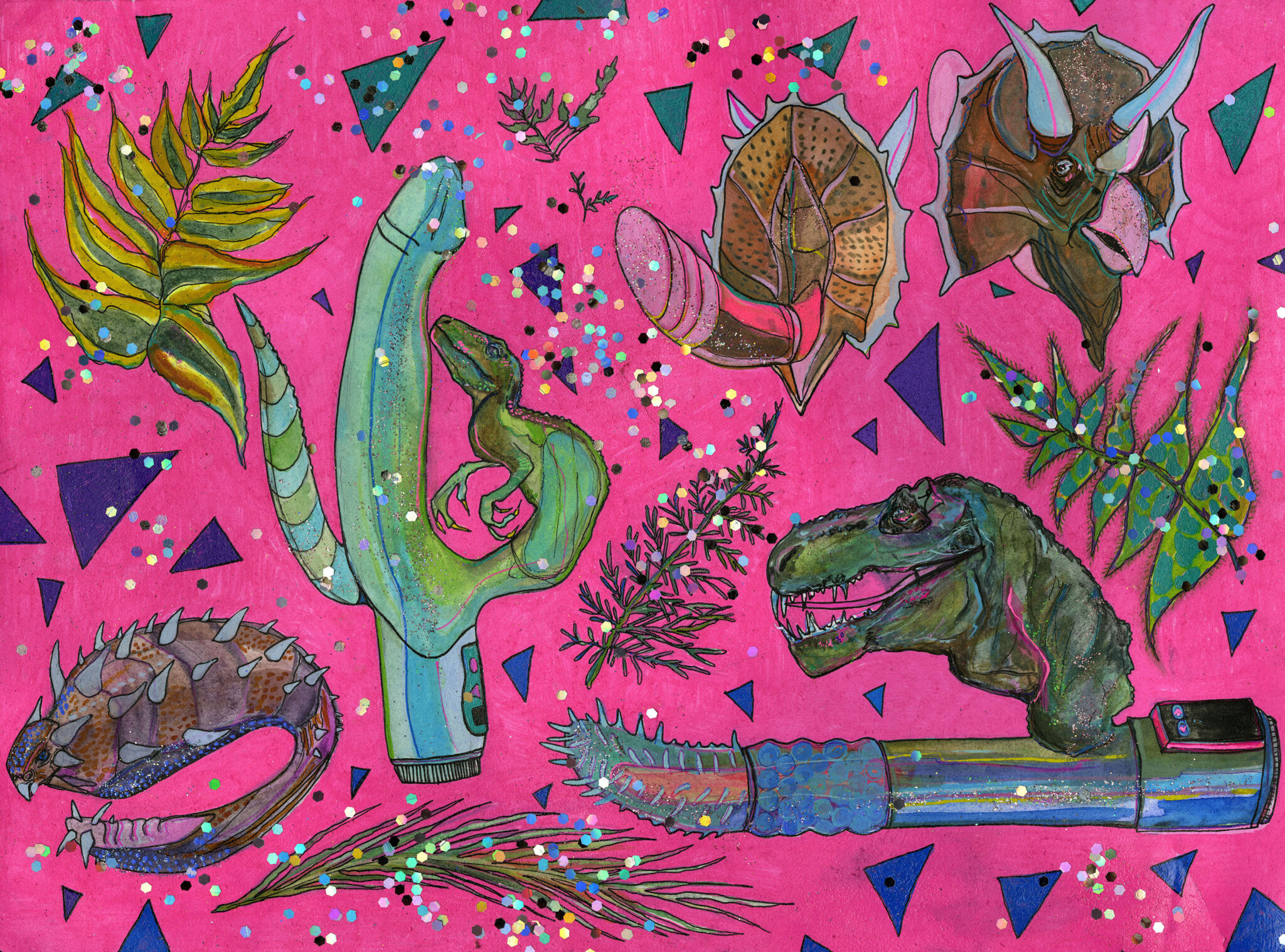 One of Megan Wirick's art pieces featuring vibrator-shaped dinosaurs among leaves and a hot pink background.